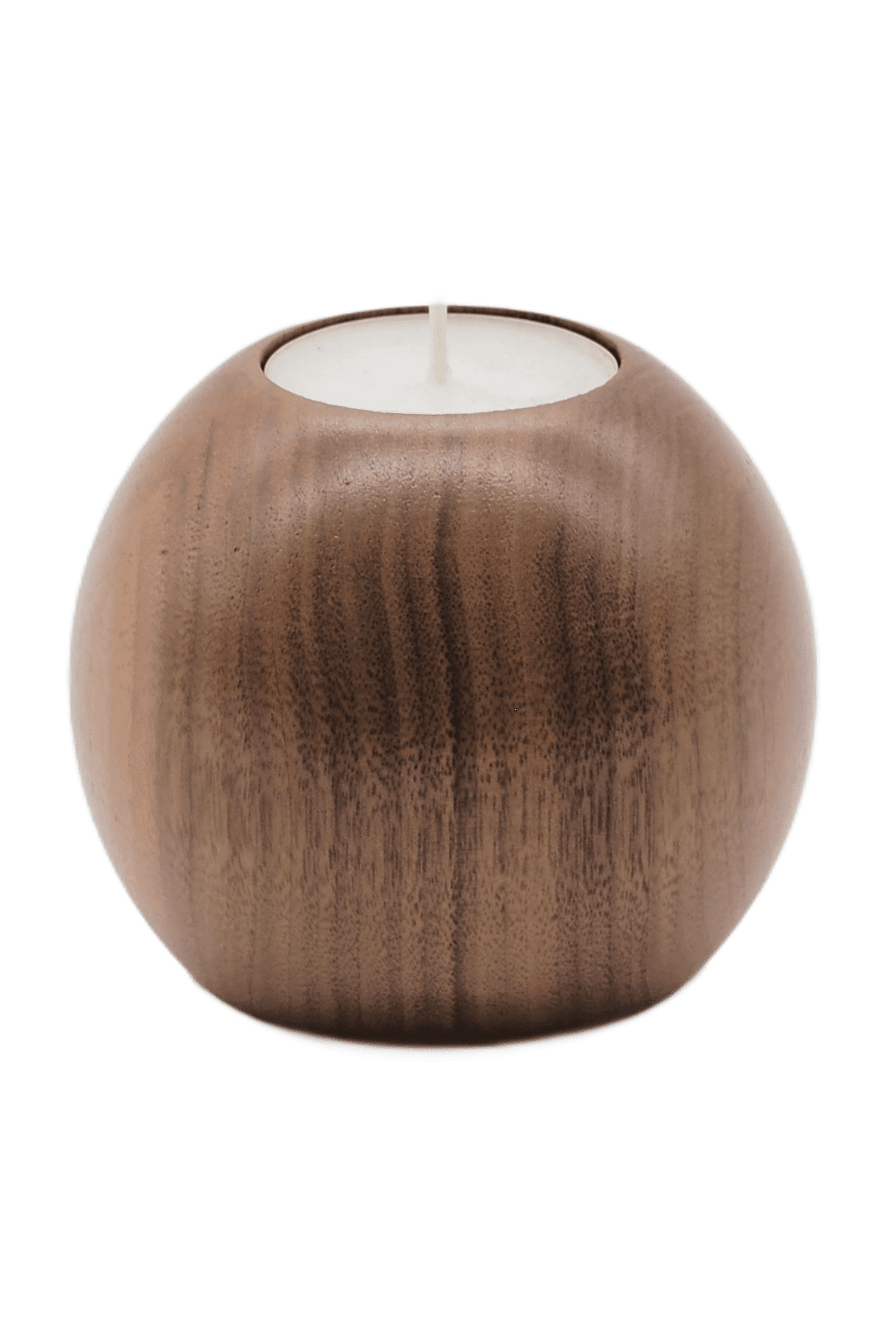 Drewniany świecznik z drewna orzecha amerykańskiego o kształcie kuli, w kolorze naturalnym, na świece typu tealight