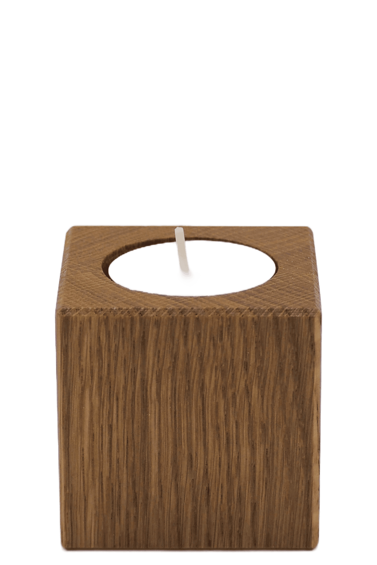 Drewniany świecznik kostka na świecę podgrzewacz typu tealight, z widocznym usłojeniem o naturalnym kolorze drewna
