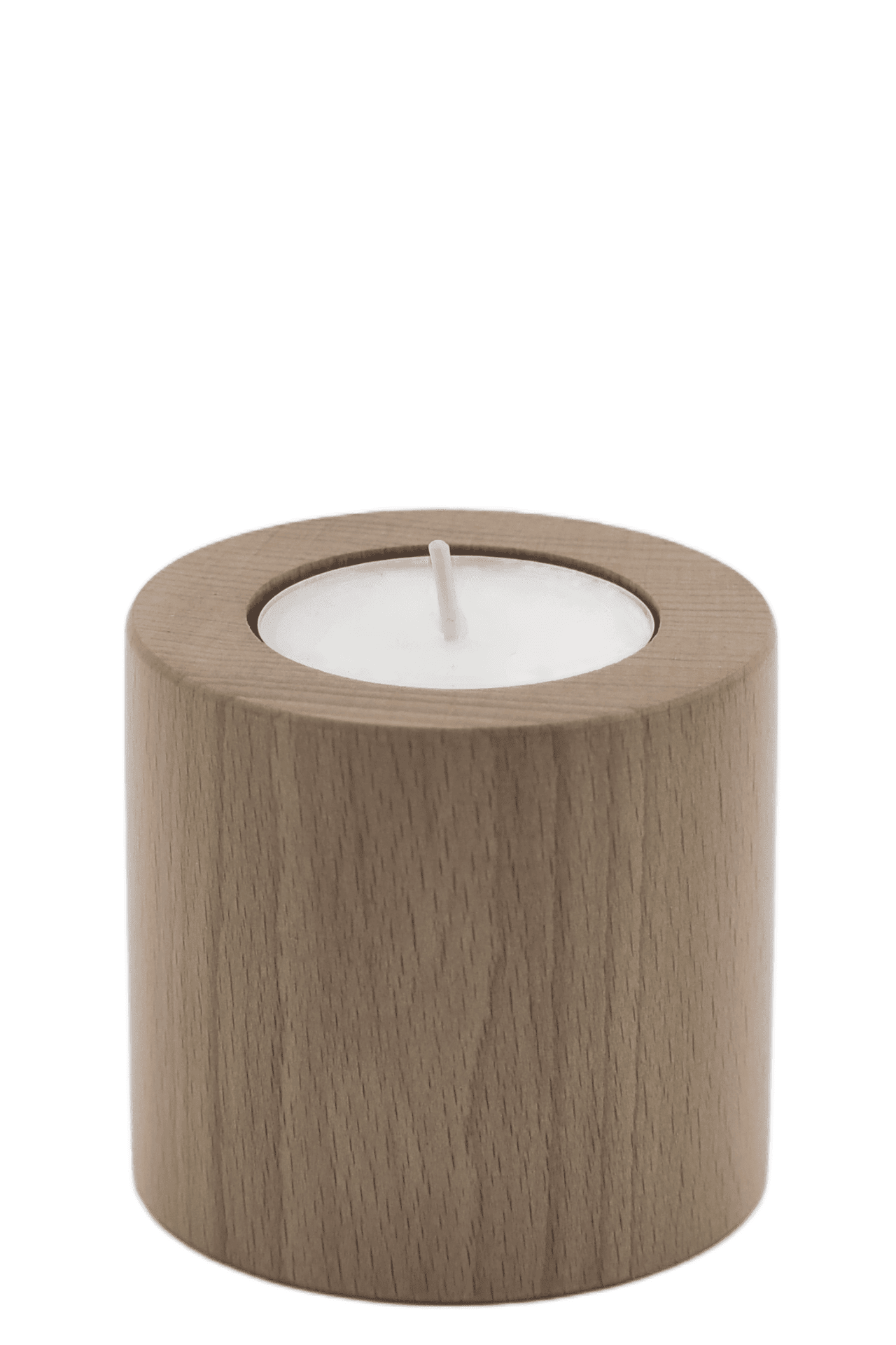 Drewniany świecznik o kształcie walca na świece podgrzewacze, typu tealight, w kolorze naturalnego drewna bukowego