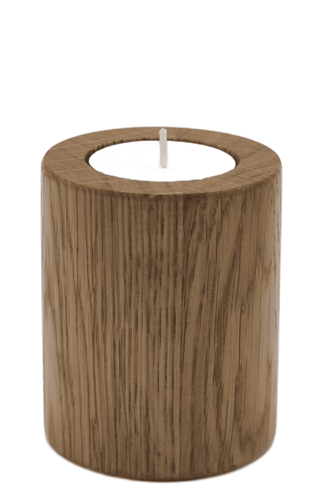 Drewniany świecznik o kształcie walca na świece podgrzewacze, typu tealight, w kolorze naturalnego drewna dębowego, z widocznym usłojeniem