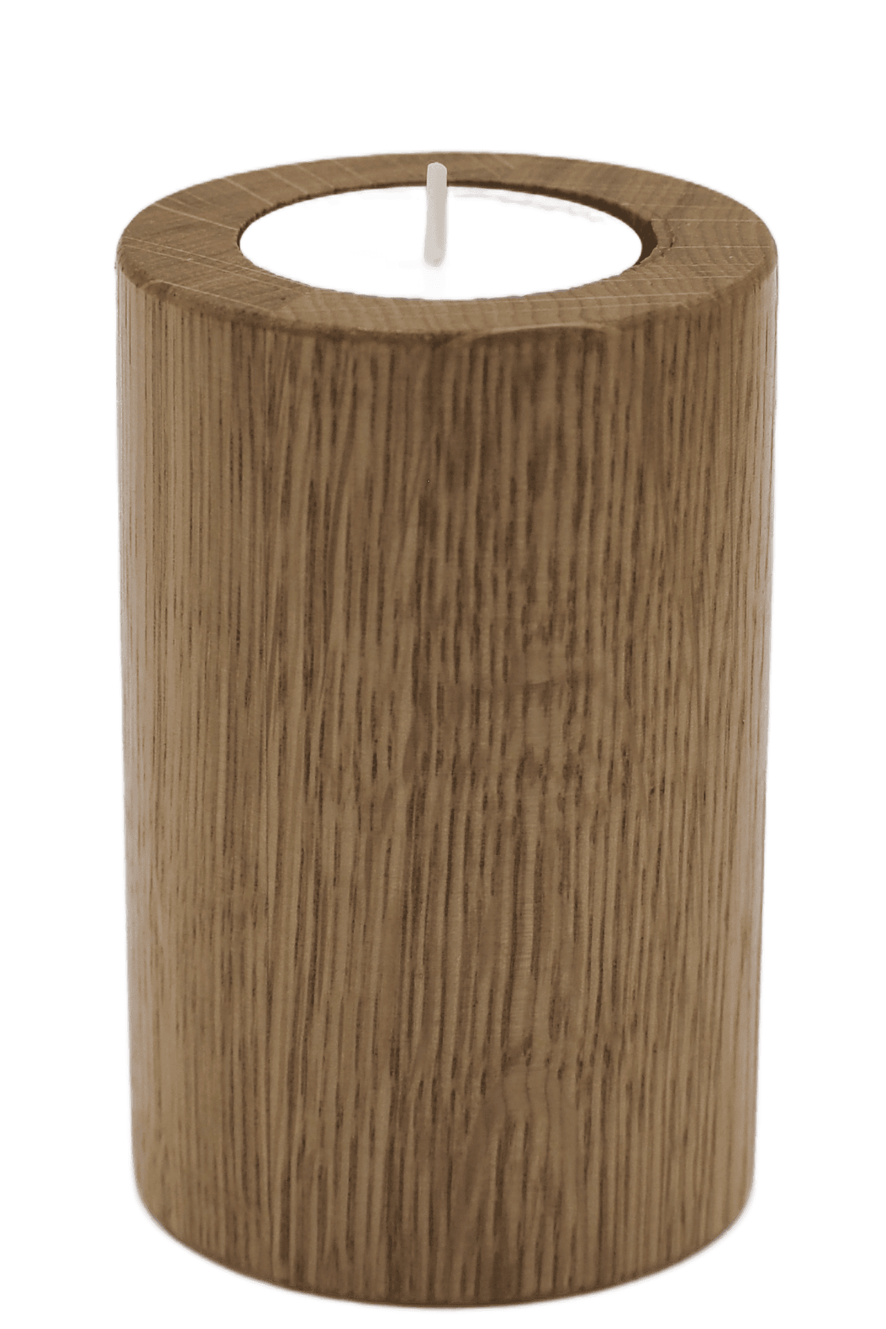Drewniany dębowy świecznik o kształcie walca na świece podgrzewacze, typu tealight, o kolorystyce naturalnego drewna z widocznym usłojeniem